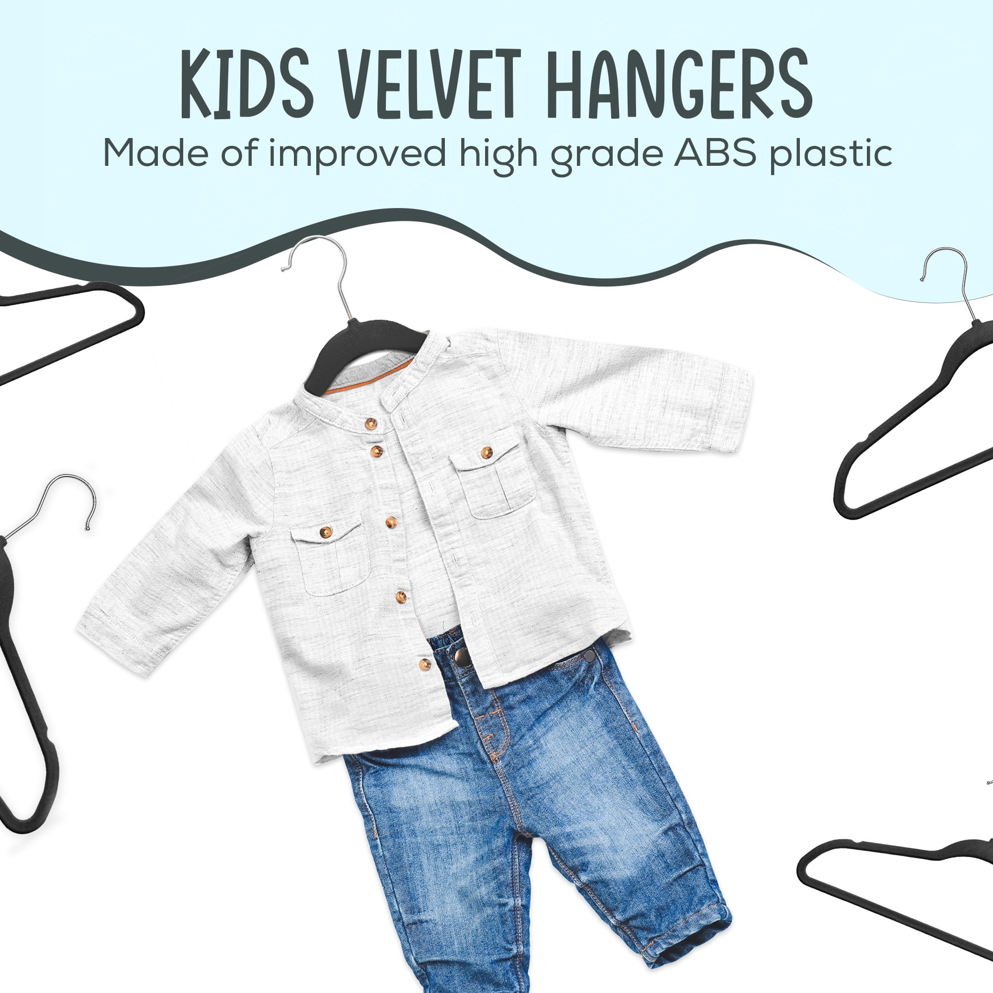 Techzoo Premium Kids Velvet Hangers 55 Pack – 14" Non Slip Felt Cloth Hangers for Closet – Ultra Slim, Space Saving Kids Clothes Hangers with 360° Swivel Hook, Toddler Children Kids Hangers – Black