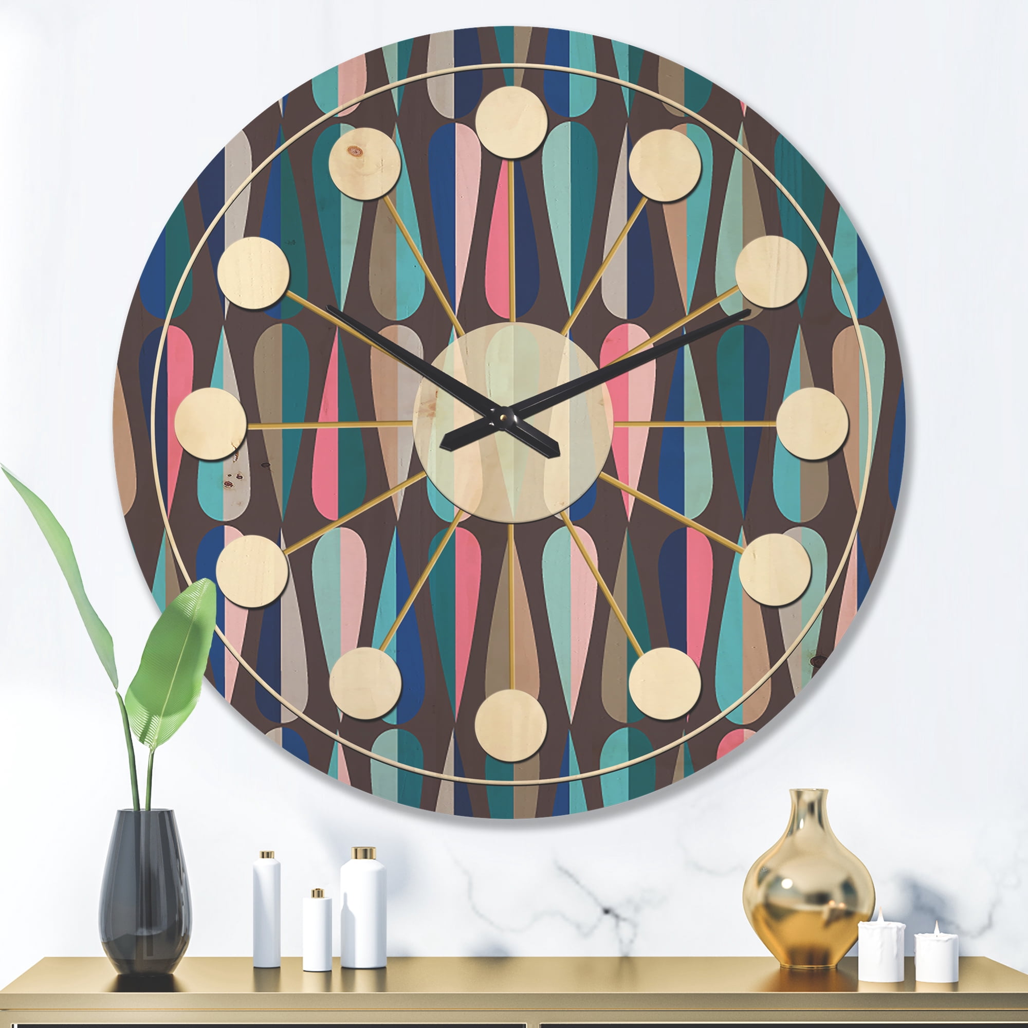 Designart 'Abstract Retro Drops VIII' Mid-Century Modern Wood Wall Clock