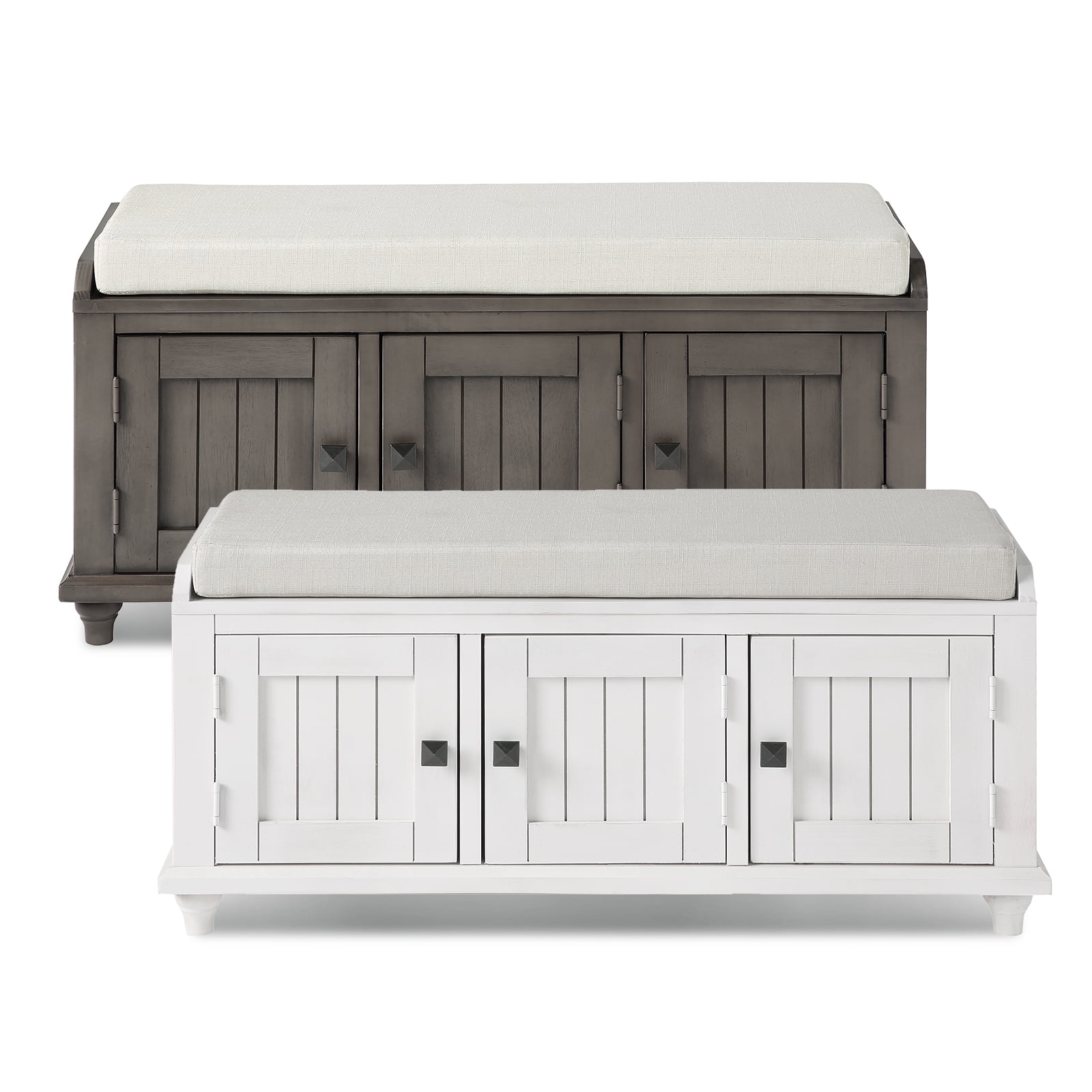 Lowestbest Rustic Shoe Bench, Wood Storage Bench with 2 Cabinets, Removable Cushion for Living Room, Entryway (Gray) Lowestbest Rustic Shoe Bench, Wood Storage Bench with 2 Cabinets, Removable Cushion for Living Room, Entryway (Gray)