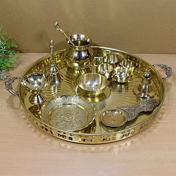 SAI DECORATIVE Brass Puja Thali with Handle,multi-purpose use for Home Puja Office Restaurant Kitchen Weddings Parties Gift and Festival thali set-10 (size-12")
