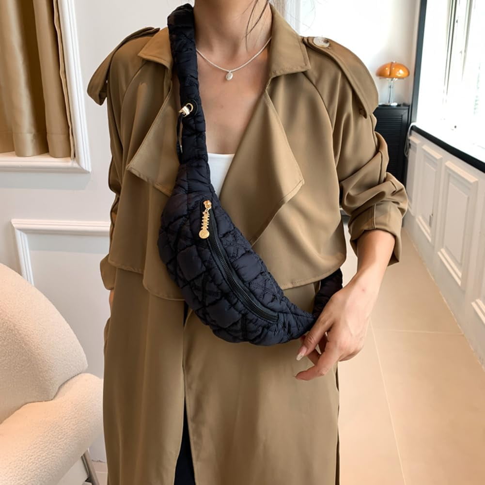 CAILDANL Quilted Crossbody Sling Bag Puffer Crossbody Fanny Pack Waist Bag Nylon Puffy Shoulder Bag Quilted Padding Crossbody Purse for Women