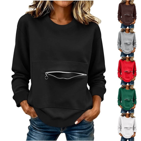 Otvok Zip‑Kangaroo‑Pocket Sweatshirt for Women, Crew Neck Long Sleeve Relaxed Pullover Tops