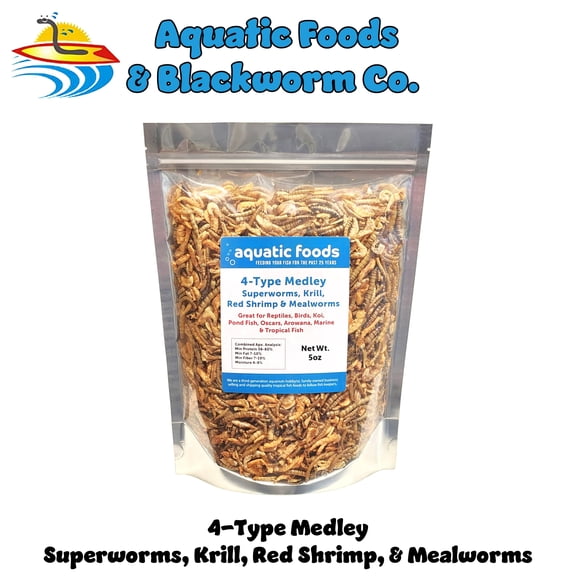 5oz. 4-Type Medley of Freeze Dried Small & Superworms, Krill, Red Shrimp for Large Tropicals, Koi Fish, Hamsters, Hedgehogs, Sugar Gliders, All Rodents, Birds, All Reptiles and Turtles. 5oz Bag
