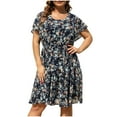 thumbnail image 2 of Usmixi Formal Dresses for Women Party Vintage Elastic Waist Ruffle Swing Plus Size A Line Dresses Square Neck Short Sleeve Floral Summer Mini Dress Navy XXXL, 2 of 7