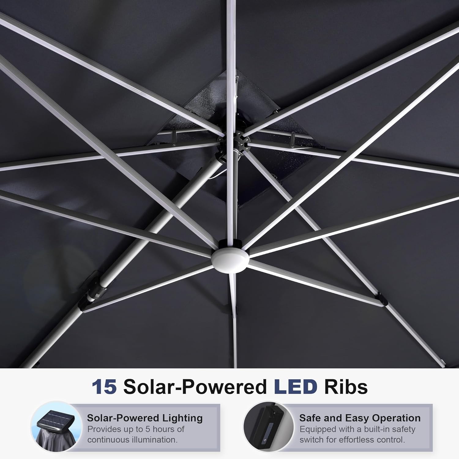 PURPLE LEAF 9 Feet Square Double Top Deluxe Solar Powered LED Patio Umbrella Outdoor Cantilever Umbrella, Gray