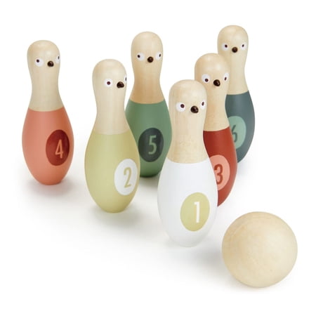 Tender Leaf Toys Birdie Skittles Kids Bowling Set – 6 Solid Wood Pins, Ball & Storage Bag – Develop Hand-Eye Coordination & Numeracy Skills – Age 3+