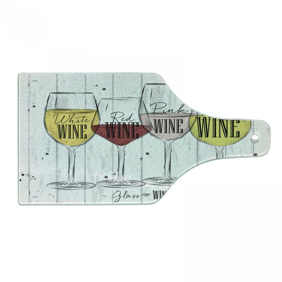Wine Cutting Board, 4 Main Types of Wine with Their Names Glasses Vintage Rustic Wood Backdrop Drawing, Tempered Glass Cutting and Serving Board, Wine Bottle Shape, Multicolor, by Ambesonne