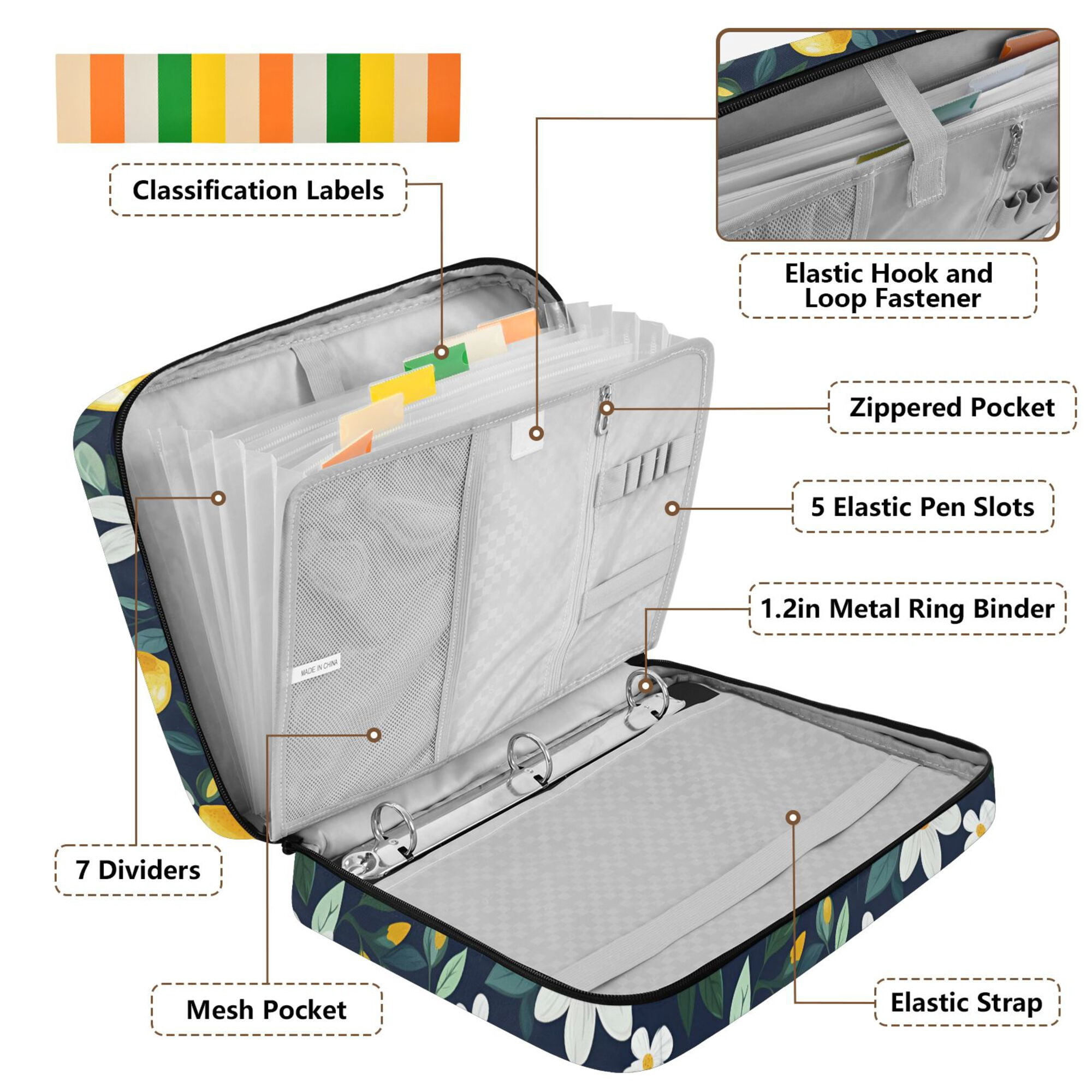 FORMRS Accordion File Folder A4 Size 7-Pocket Expanding Document Organizer Bag with 3 Ring Binder, Lemon Flowers