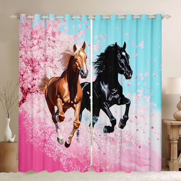 Erosebridal Galloping Horse Black Out Curtains, Pink Cherry Blossoms Curtains Pack of 2 (42x63 Each)