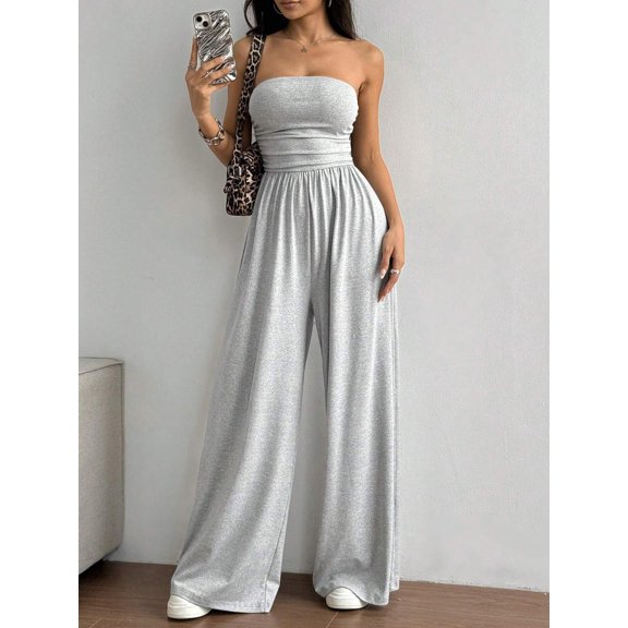 Women's Strapless Wide-Leg Jumpsuit, Solid High-Waist Stretch One-Piece for Summer Events