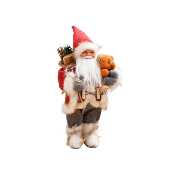 Freestanding Santa Claus Plush Figure with Vintage Rustic Design and Teddy Bear, Red and Gray, for Living Room Mantel Display, Christmas Decoration