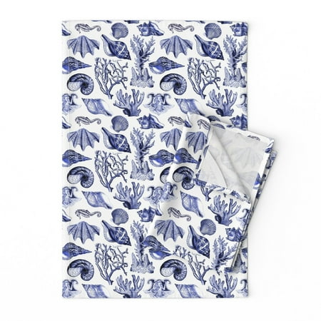 

Printed Tea Towel Linen Cotton Canvas - Vintage Nautical Seashells Ocean Coral Shells Seahorse Blue Ink Sea Print Decorative Kitchen Towel by Spoonflower