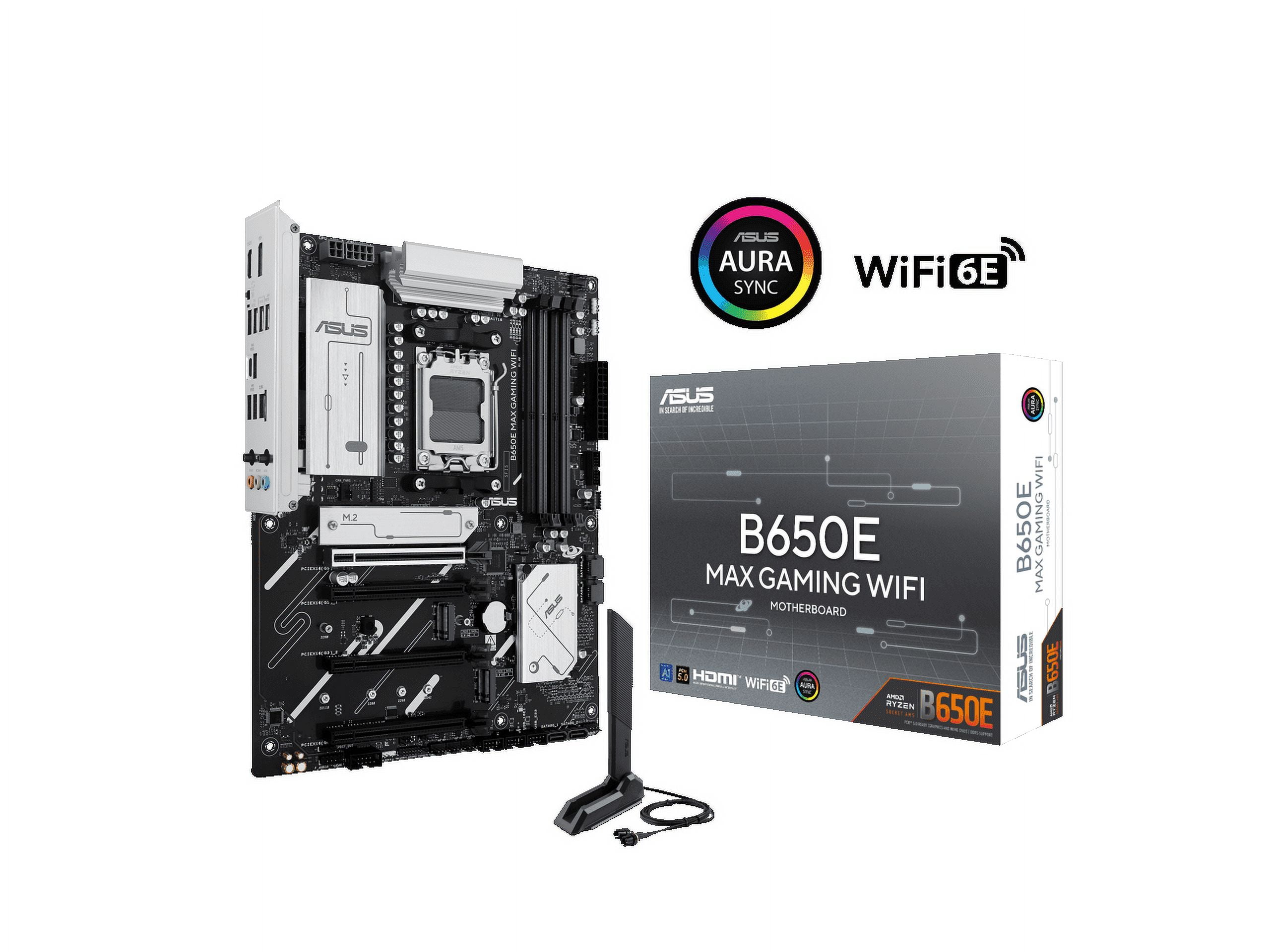 ASUS B650E MAX GAMING WIFI AMD B650 ATX motherboard, DDR5, PCIe 5.0 Ready, 3x M.2 slots, Wi-Fi 6E, Realtek 2.5Gb Ethernet, DisplayPort, HDMI, USB 10Gbps Type-A & Type-C, BIOS FlashBack, Aura Sync