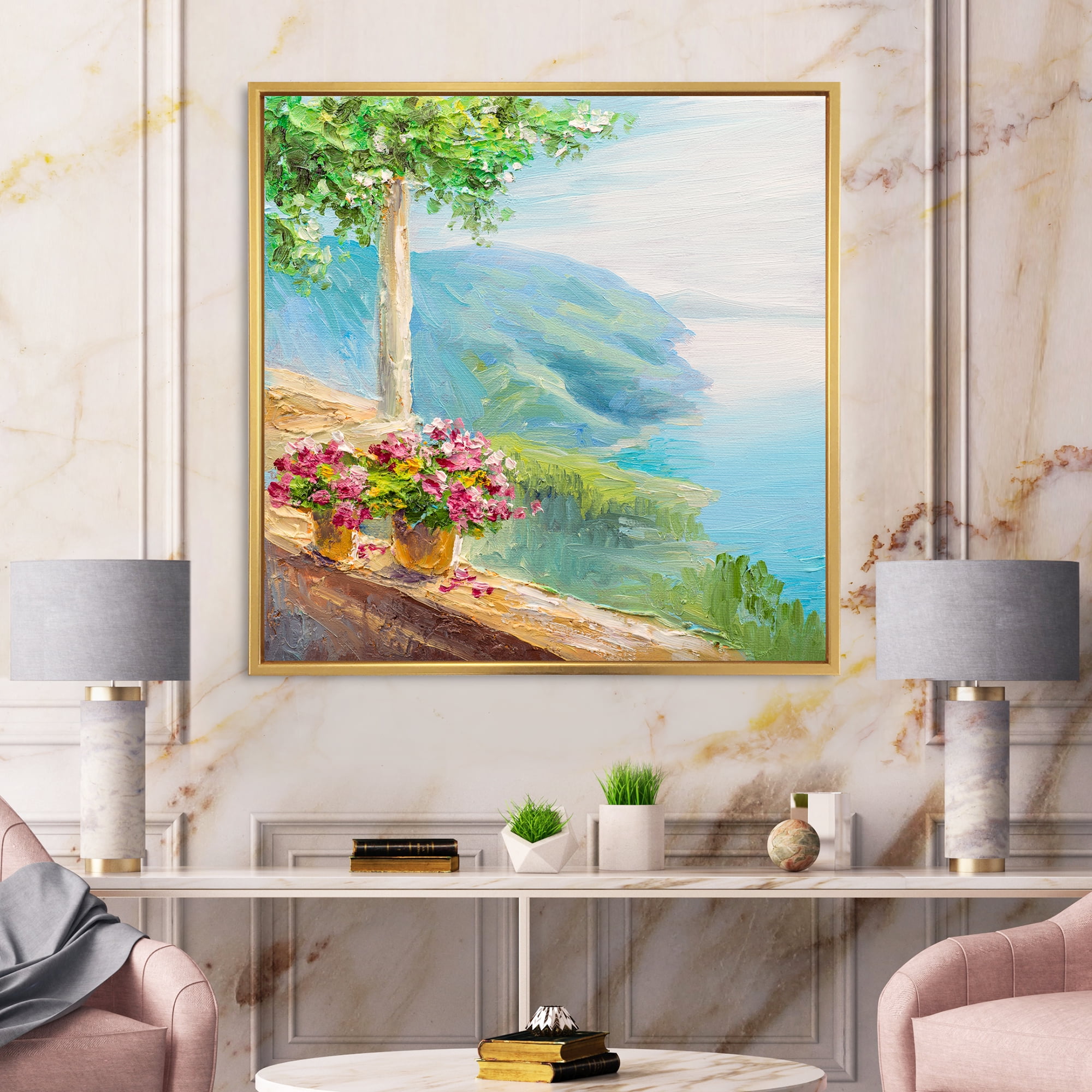 House With Colorful Flowers Near The Sea V 16 in x 16 in Framed Painting Canvas Art Print, by Designart