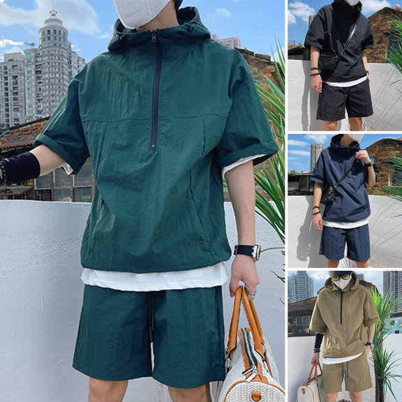 Xioeram 2Pcs/Set Men Casual Outfit Hooded Zipper Neckline Short Sleeve T-shirt Elastic Waist Wide Leg Shorts Set Solid Color Loose Fit Outfit