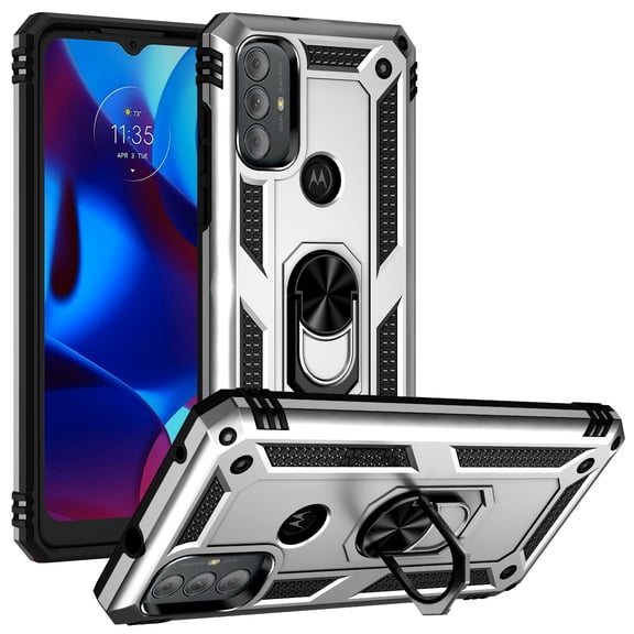 SaniMore Tri-layer Case for Motorola Moto G Play (2024), 360° Rotating Holder/Kickstand Rugged PC Back TPU Bumper Magnetic Car Mount Anti-fingerprint Anti-fall Heavy Duty Protective Case, Silver