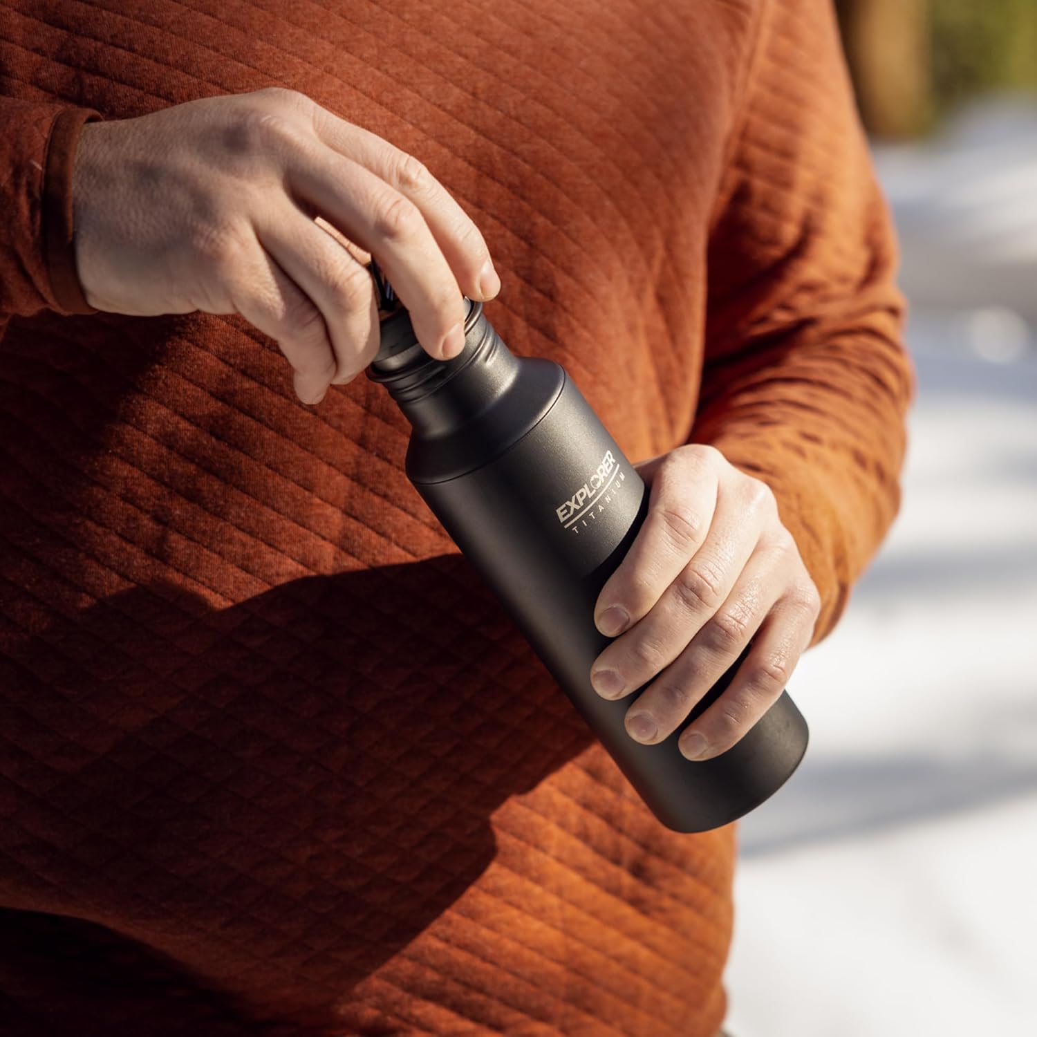 Explorer Bear Black Titanium Camping Sports Water Bottle, 23.6 oz, with Insulated Carrying Pouch