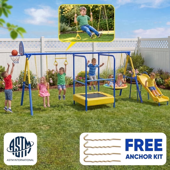 Swing Sets with Detachable Trampoline,Fashionsport Outfitters Heavy-Duty Outdoor Swing sets for Backyard,Playground with Saucer Swing,Wave Slide,Belt Swing,Trapeze Bar,Basketball Hoop for Aged 3-12