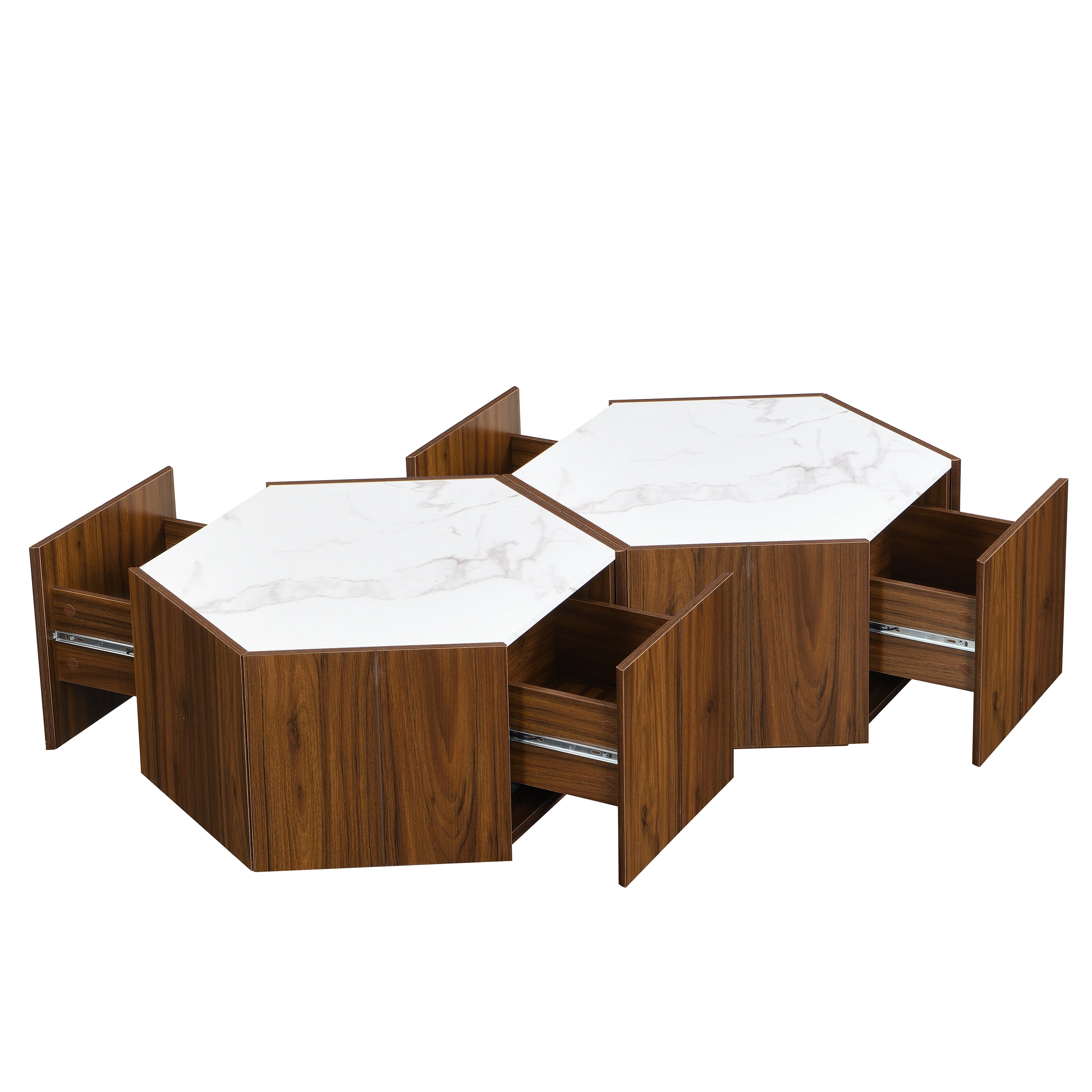 Euroco Hexagonal Rustic Retro Wood Coffee Table, with 2 Hidden Drawers, Textured White Marble Tops, Walunt Oak Finish - Perfect for Living Room & Reception Areas