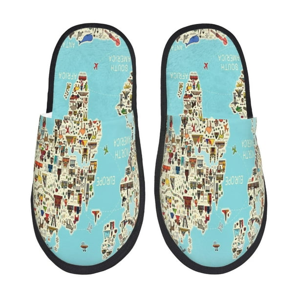 Balery World Travel Line Icons Map Pantuflas de Casa de Felpa Silenciosas con Diseño Estampado, Zapatillas Cómodas Antideslizantes de Algodón para Interior-Large