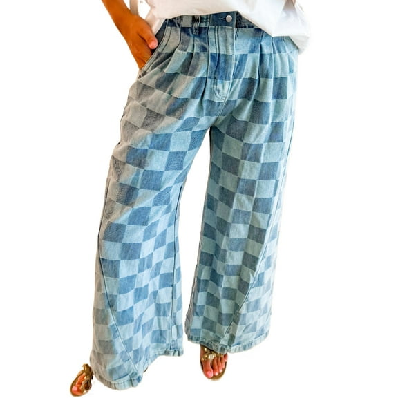 Women's Dusk Blue Checkered Denim Wide Leg Jeans | [ZhiHiMeRi] | 10