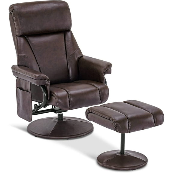Mcombo Swivel Recliner with Ottoman, Reclining Chair with Massage, Faux Leather Lounge Chairs for Living Room Bedroom 4539(Dark Brown)