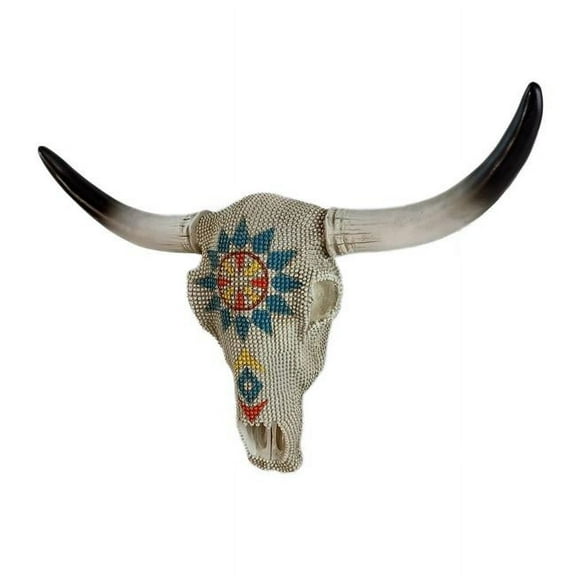 De Leon Collections 14724 Southwestern Beaded Longhorn Cow Bull Skull with Colorful Geometric Pattern Hanging Wall Dcor