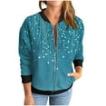 thumbnail image 4 of Uaswgudfs ​Women's Autumn Winter Casual Baseball Jacket Blue Green Printed Denim with Ribbed Cuffs, Zip-Up Short Coat​, 4 of 6