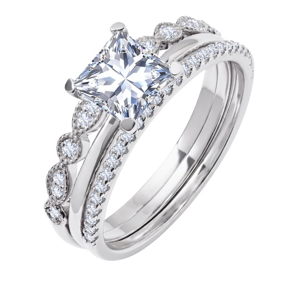 JeenMata 3.25 Carat Princess Wedding Ring Set - Bridal Set - Wedding Trio Set - Engagement Ring - Art Deco Ring - Promise Ring - Sterling Silver