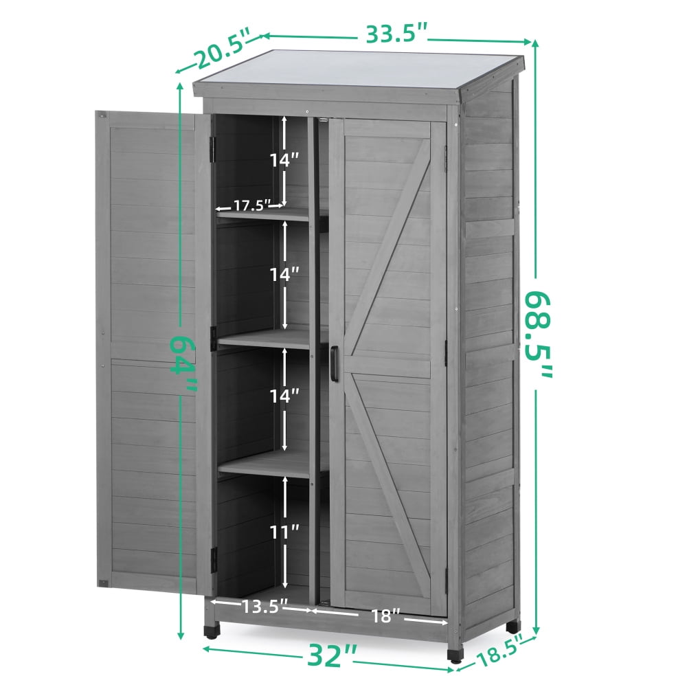 68" Cedar Wood Outdoor Storage Cabinet with Metal Top - Gray Garden Shed for Patio, Deck, Yard - Durable, Waterproof, Magnetic Closure