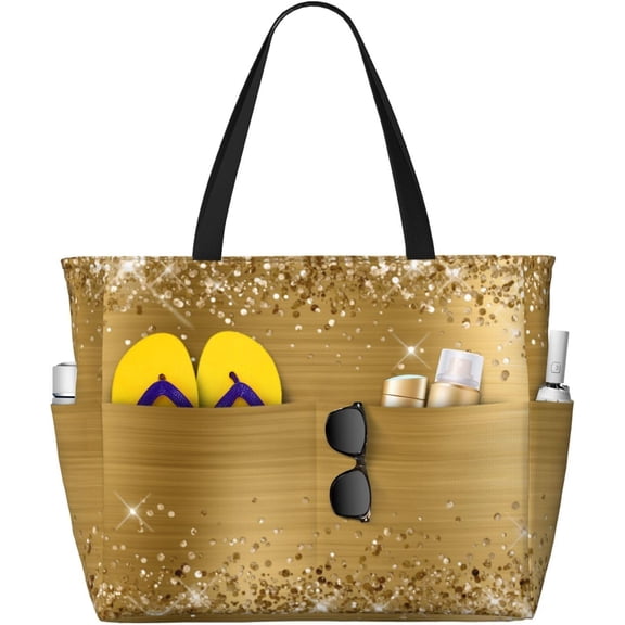 Glittery Gold Foil Beach Bag Women Tote Bag Pool Bag With Zipper For Gym Grocery Travel With Wet Pocket, Black