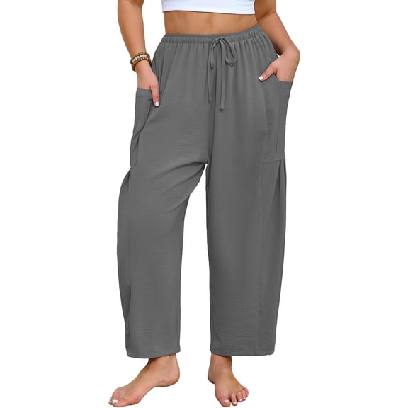 SHOWMALL Women's Plus Size Wide Leg Balloon Pants, Loose Fit Baggy Lantern Trousers with Pockets, Gray 3X Breathable Elastic Drawstring Waist Casual Pants for Summer Beach Travel Vacation