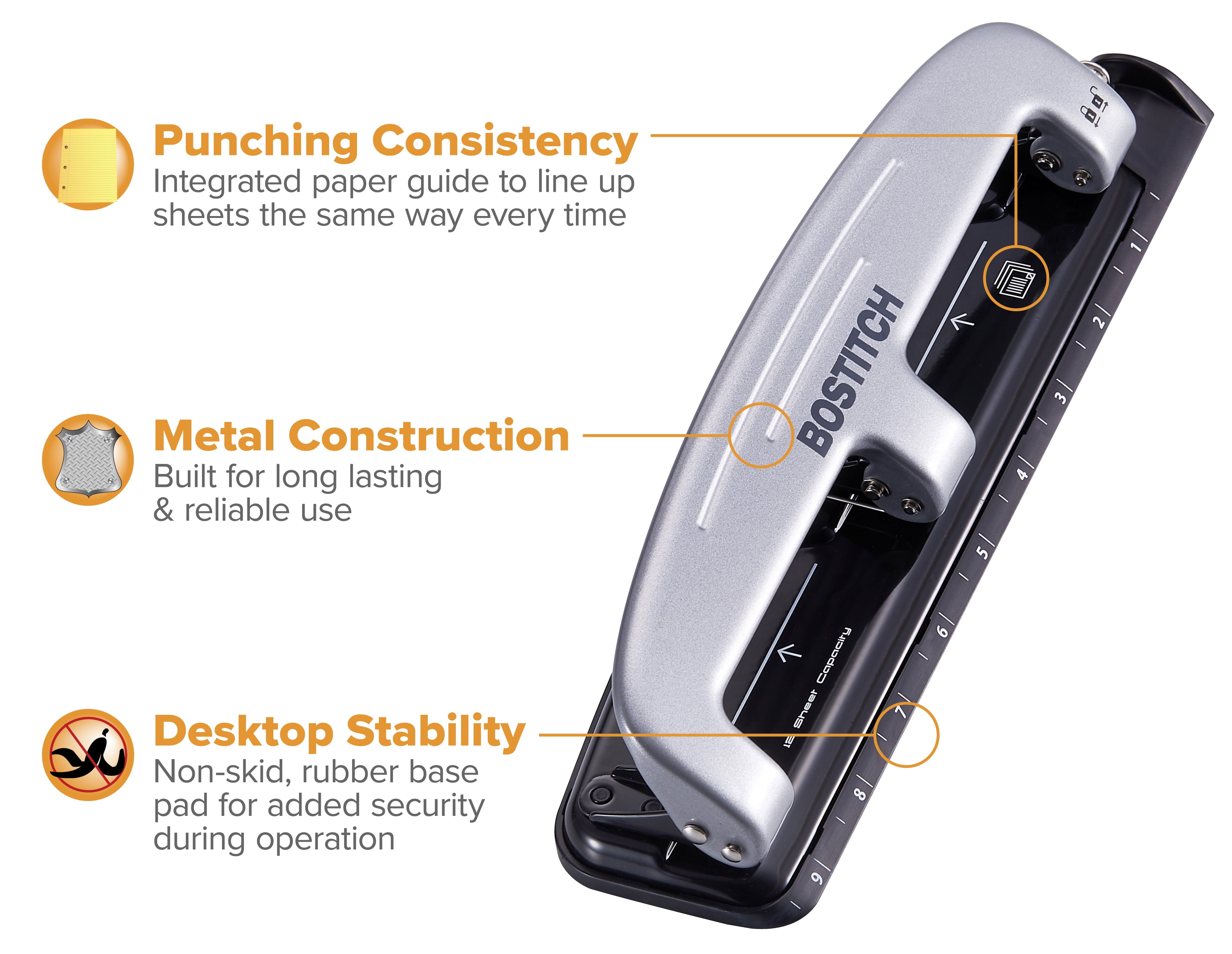 Bostitch EZ Squeeze™ Three-Hole Punch, 12-Sheet, Reduced Effort