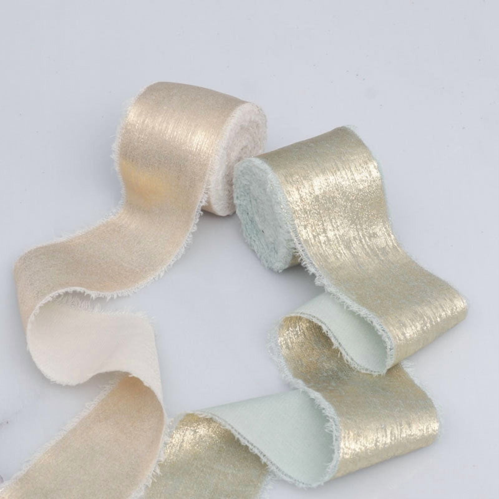 INS Torn-Edge Gold Foil Plush Silk Ribbon - Wedding Bouquet Tassel Streamer, Bow Decoration, Real Silk Fabric