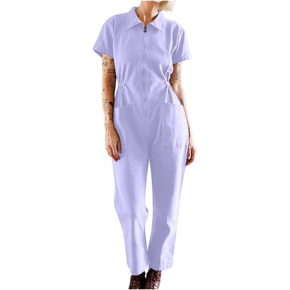 Staron Women's Casual Jumpsuit Pants Solid Pleated Waist Zip-Up Lapel Romper Short Sleeve Round Neck Loose Comfy Travel Vacation, Purple M