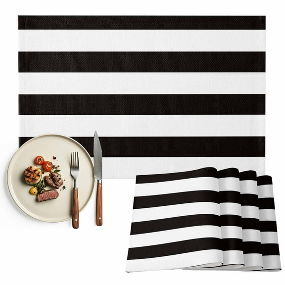 Black White Wide Striped Placemats Set of 12, Geometric Table Mats Washable Heat-Resistant Non-Slip Place Mats for Kitchen Dinner Table Indoor Outdoor Decor,13x19 Inch