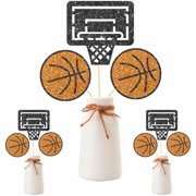 12-Pc Glitter Basketball Centerpiece Sticks: Themed party decor for game days, birthdays, baby showers—sports table centerpieces (plus party supplies). For home/kitchen.