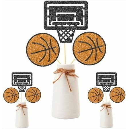 12-Pc Glitter Basketball Centerpiece Sticks: Themed party decor for game days, birthdays, baby showers—sports table centerpieces (plus party supplies). For home/kitchen.