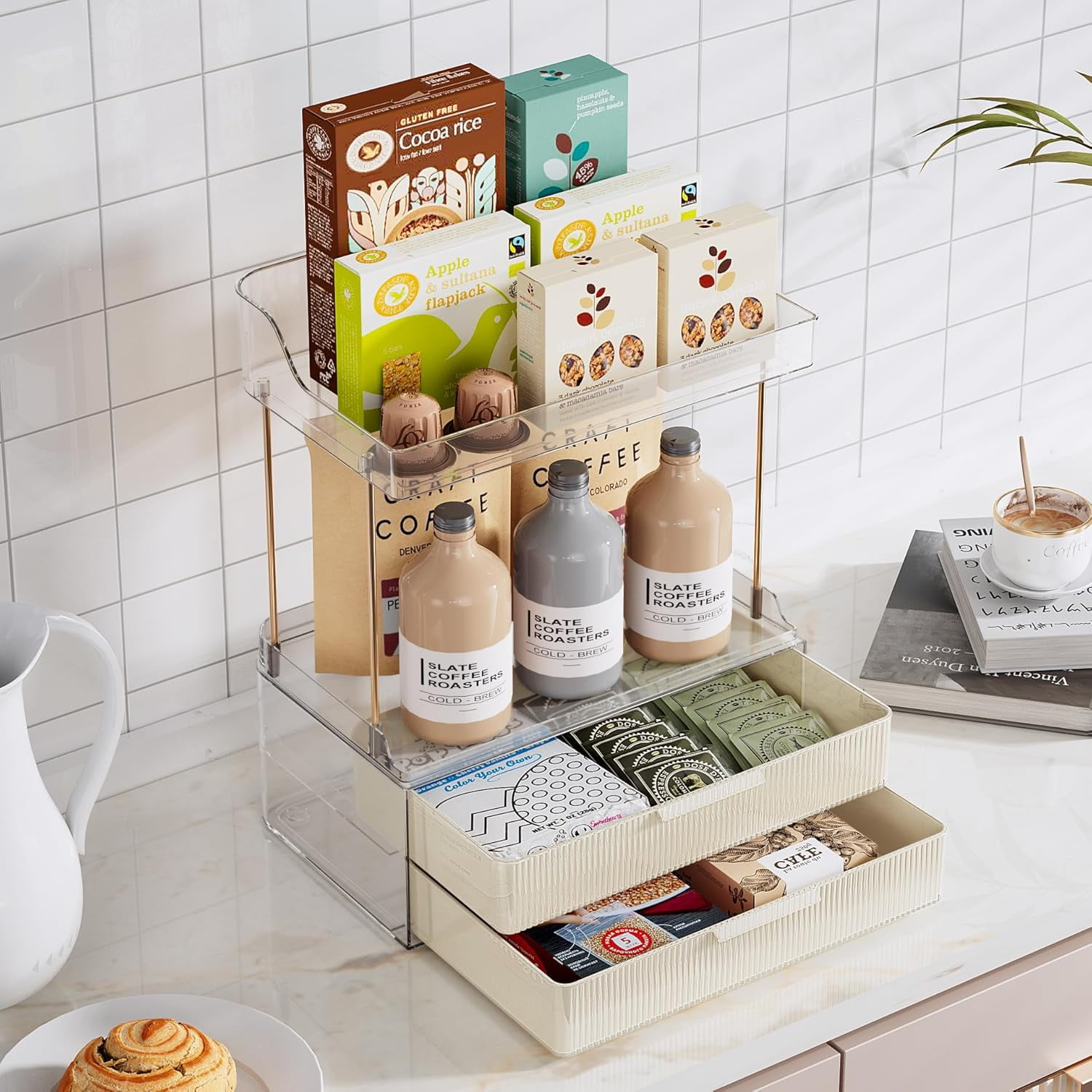 Delamu 2-Tier 2-Drawer Countertop Bathroom Organizer – Multi-Purpose Makeup & Skincare Vanity Storage with Golden Rods, Cream White Color, Exquisite Home Décor Organizer