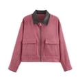 thumbnail image 2 of Smsaxvxz Womens Cropped Jacket Casual Corduroy Collar Barn Coat Lightweight Utility Zip Up Baseball Jacket with Pockets Watermelon Red XS, 2 of 10