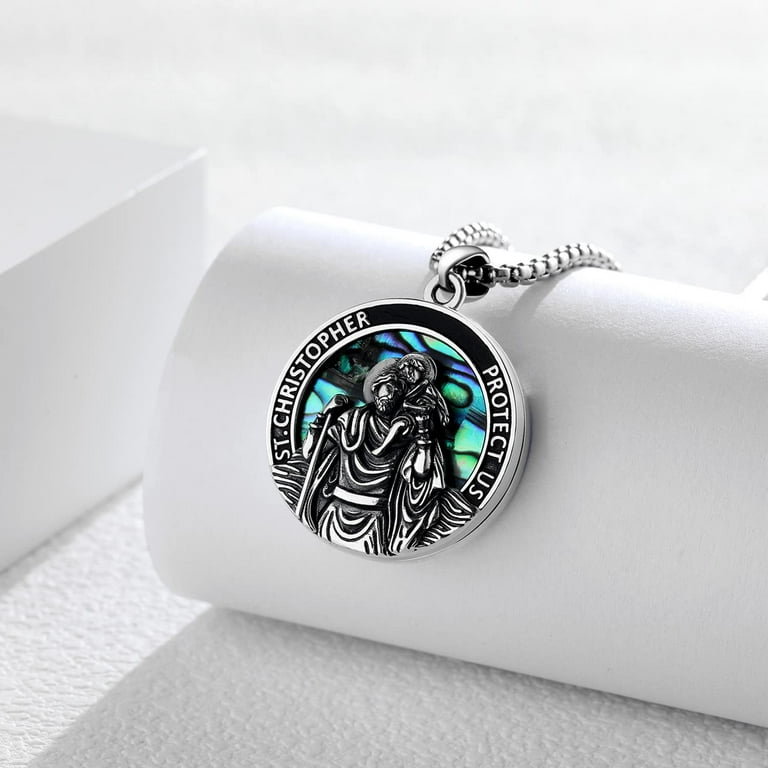 Sterling Silver Patron Saint Necklace With Turquoise - Religious Locket Pendant Gift