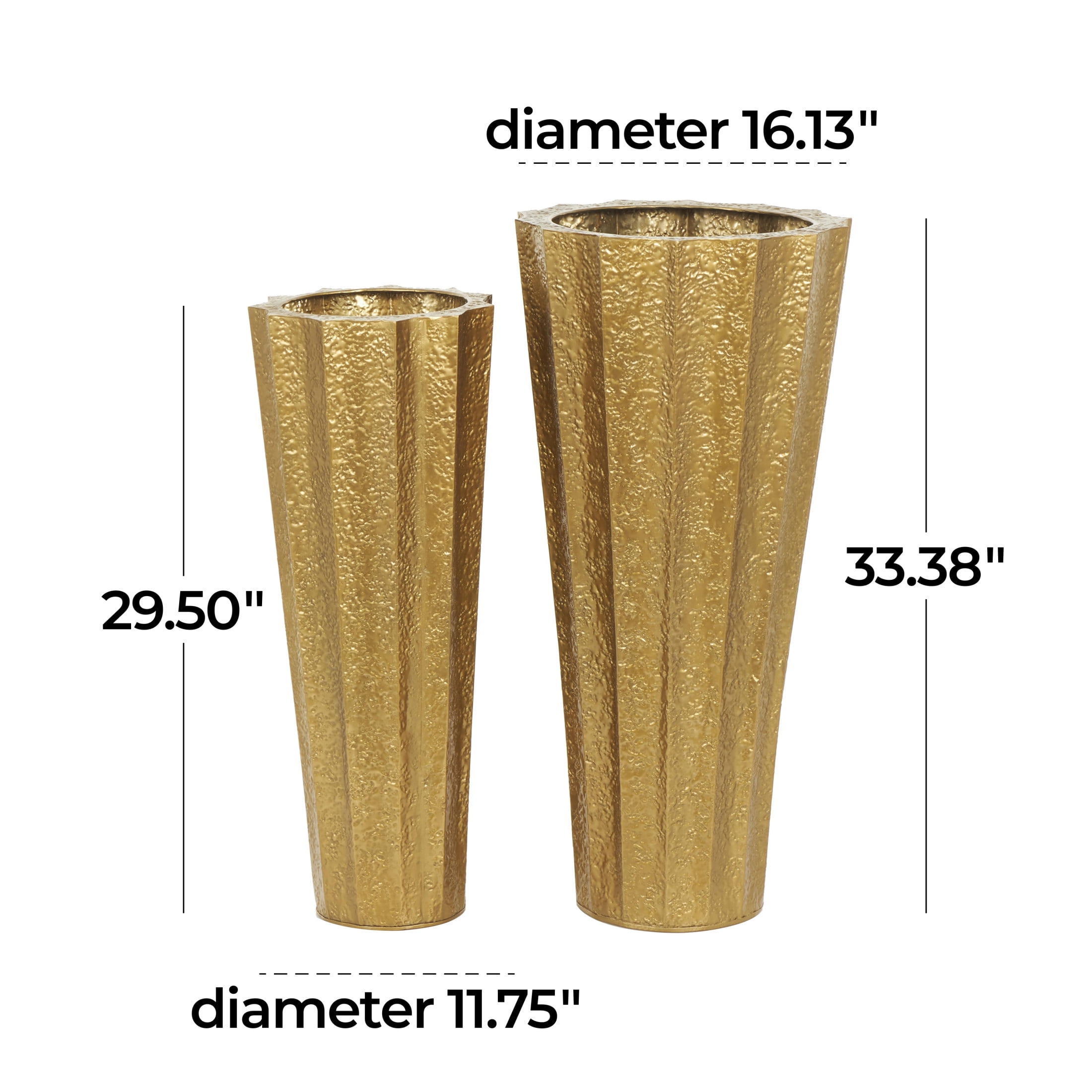 DecMode 33", 30"H Tall Textured Hammered Floor Gold Metal Vase, Set of 2