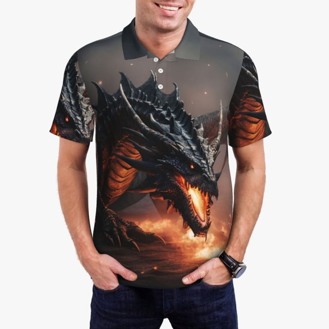 Fotbe Fiery Black Dragon Attack Camiseta Polo de Golf para Hombre con Estampado – Camisa Deportiva Transpirable con Cuello Abotonado-3X-Large
