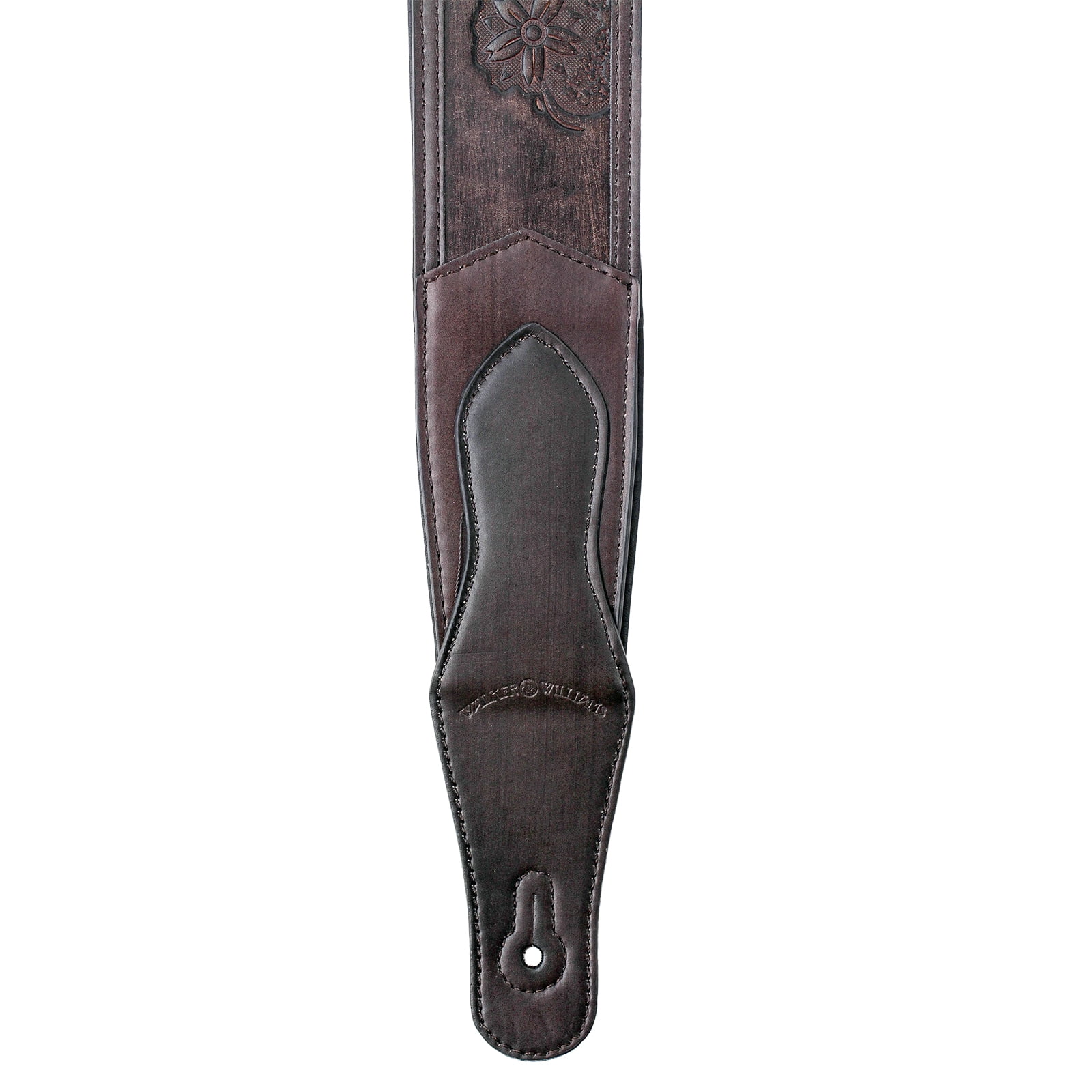 Walker & Williams LIE-14 Weathered Dark Brown Leather Padded Guitar Strap with Embossed Tooling