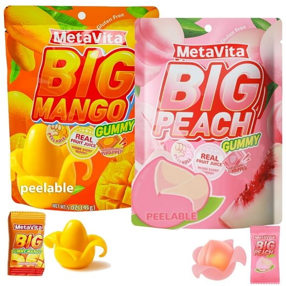 (2 Packs 10oz) MetaVita Assorted Peelable Gummy – Tropical Peeling Candy Variety Pack | Mango, Peach | 2 Individual Packs | Gluten-Free Fun, Chewy & Shareable Treat