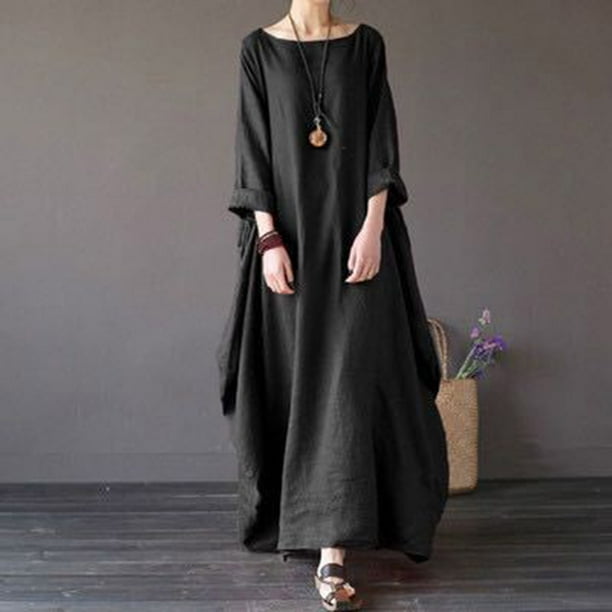 Puntoco Vestido Camisero Informal De Verano Para Mujer, Suelto, Con Cuello Redondo, Manga Corta, Color Liso, Vestido Camisero De Algodón Y Lino, Negro Xl,Regalos Para Mujer Joven