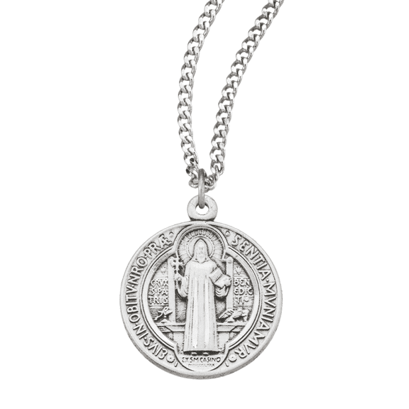 Sterling Silver Saint Benedict Round Jubilee Medal Necklace, Protector Against Evil, 18" Rhodium Plated Stainless Steel Chain, Made in USA- Deluxe Velvet Gift Box Included