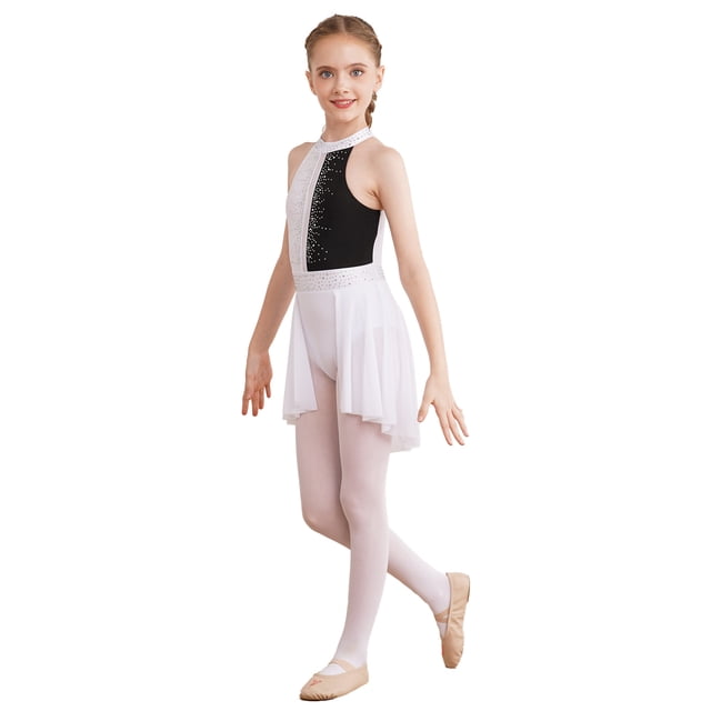 Runhomal Robe de Danse Ballet Sans Manches pour Filles Enfants, Robe de Patinage Artistique, Justaucorps de Gymnastique, Ballerine, Blanc&Noir 12