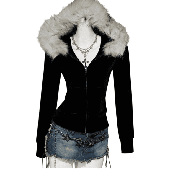 RDKTPXZ Women's Plush Fur-Style Trim Zip-Up Hoodie, Fitted Hooded Jacket with Pockets
