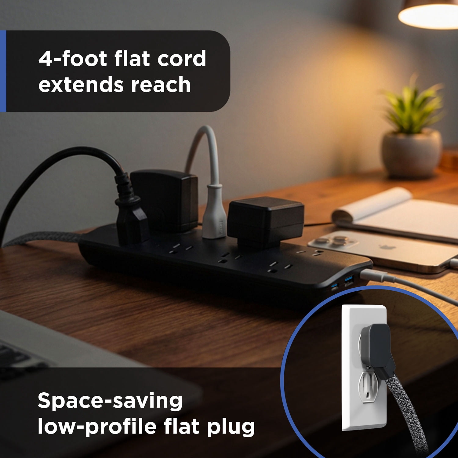 GE 8 Outlet Surge Protector Power Strip, 1 USB-A, 2 USB-C, 1500J, Braided Cord, 4ft, Black